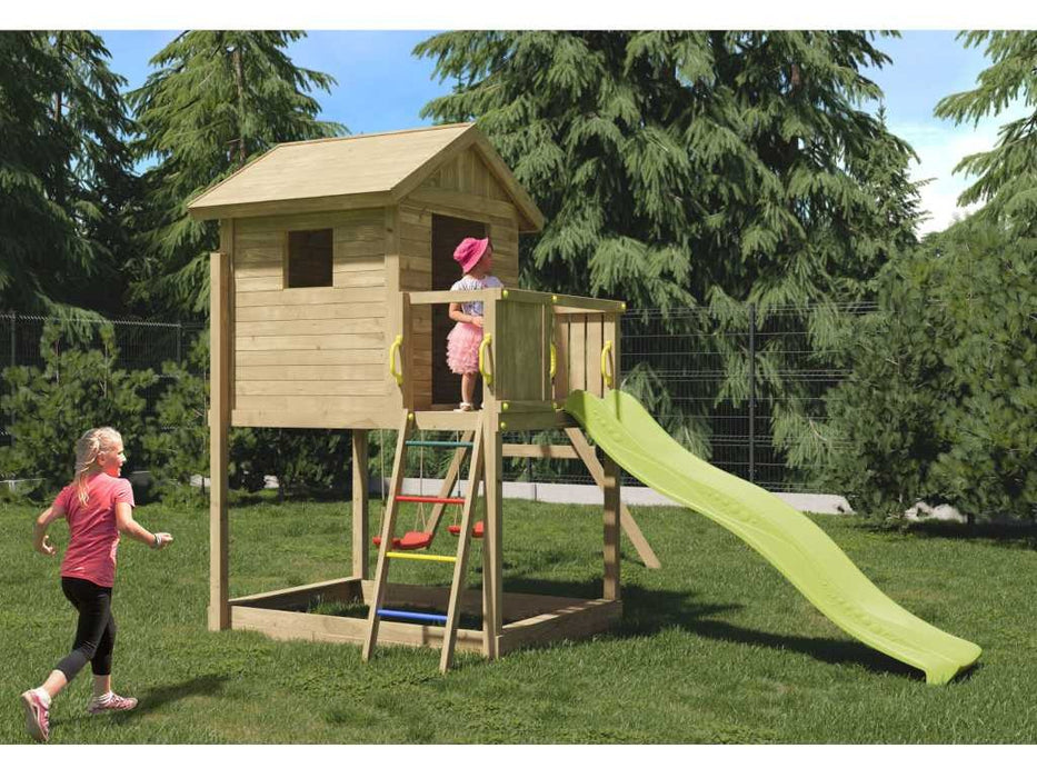 Torre da gioco 'UNIVERSE S' incl. doppia altalena e scivolo giallo, 400x489x280 cm (LxPxA)