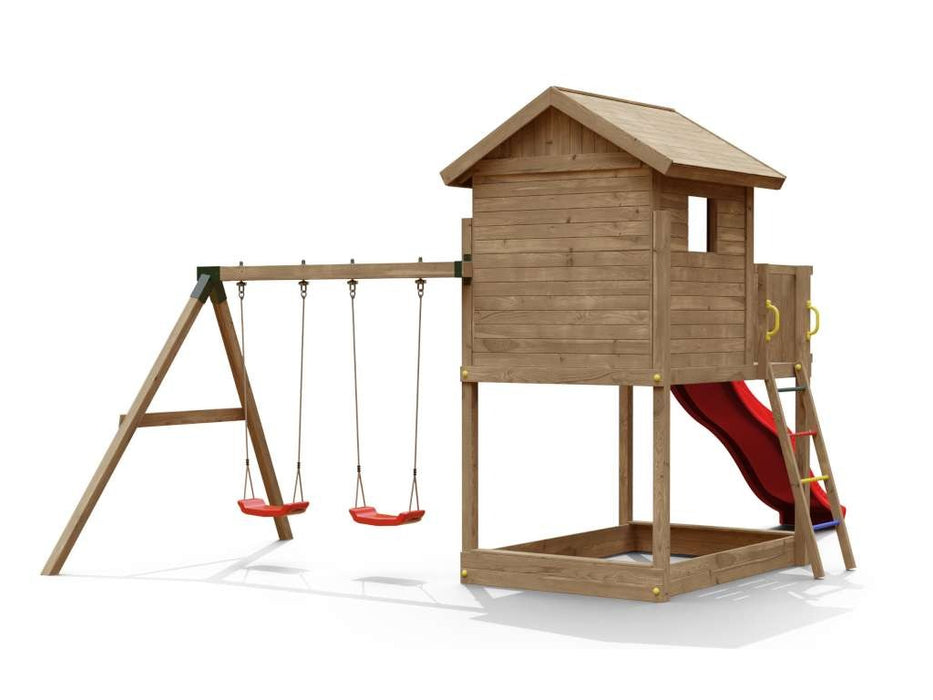 Torre da gioco 'UNIVERSE S' incl. doppia altalena e scivolo rosso, 400x489x280 cm (LxPxA)