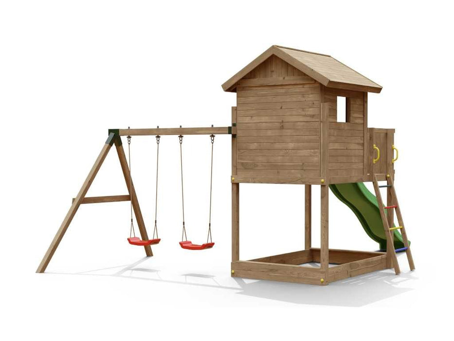 Torre da gioco 'UNIVERSE S' incl. doppia altalena e scivolo verde, 400x489x280 cm (LxPxA)