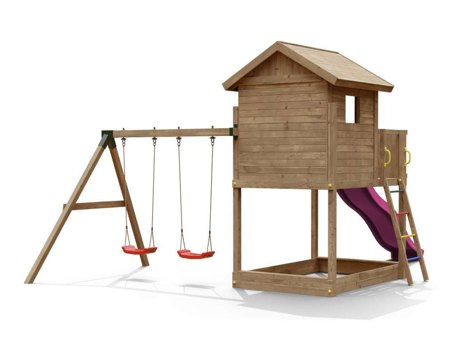 Torre da gioco 'UNIVERSE S' incl. doppia altalena e scivolo rosa, 400x489x280 cm (LxPxA)