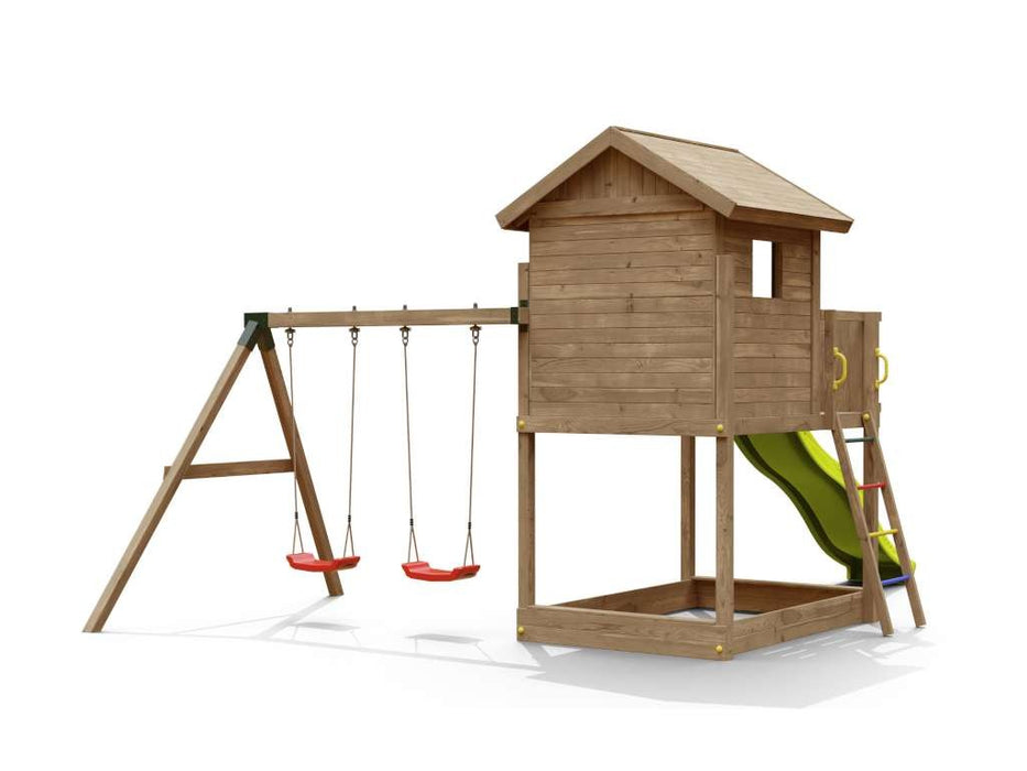 Torre da gioco 'UNIVERSE S' incl. doppia altalena e scivolo giallo, 400x489x280 cm (LxPxA)