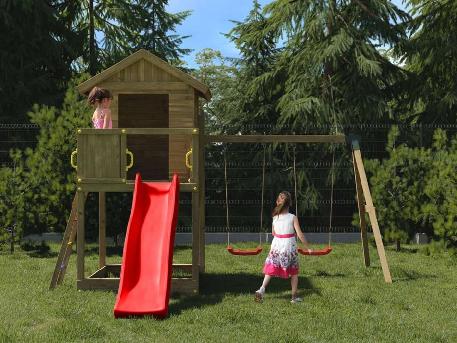 Torre da gioco 'UNIVERSE S' incl. doppia altalena e scivolo rosso, 400x489x280 cm (LxPxA)