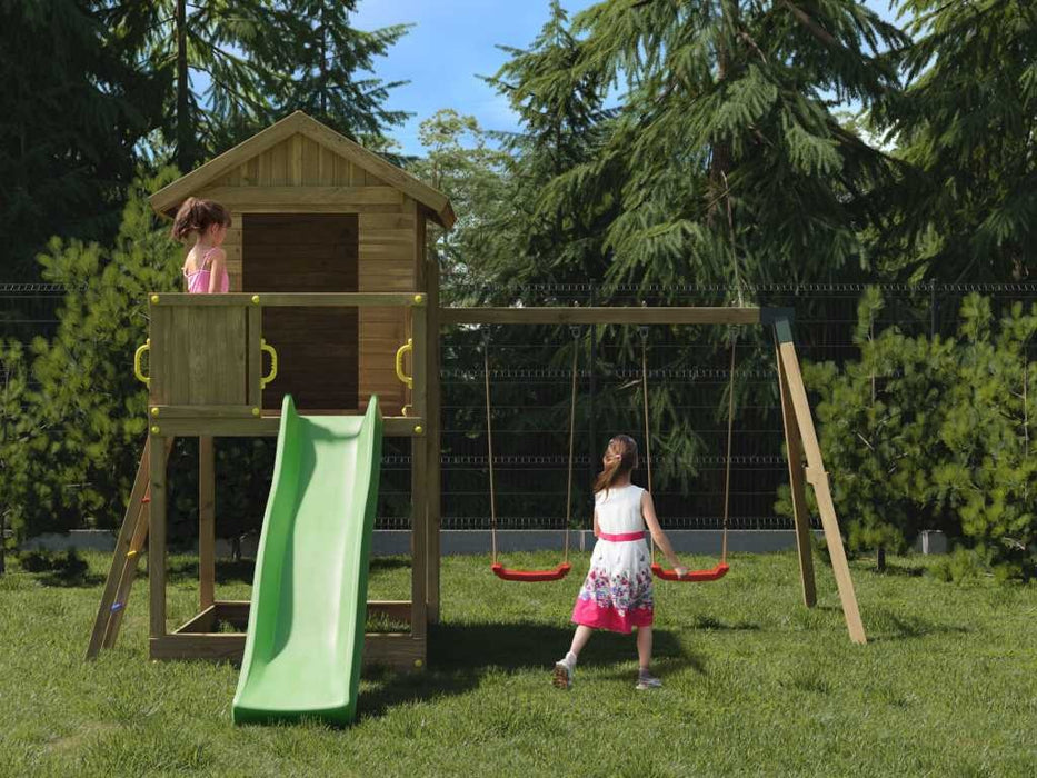 Torre da gioco 'UNIVERSE S' incl. doppia altalena e scivolo verde, 400x489x280 cm (LxPxA)