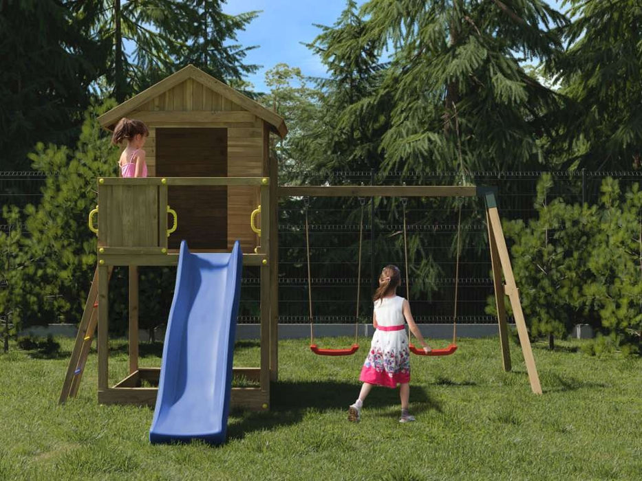 Torre da gioco 'UNIVERSE S' incl. altalena doppia e scivolo blu, 400x489x280 cm (LxPxA)