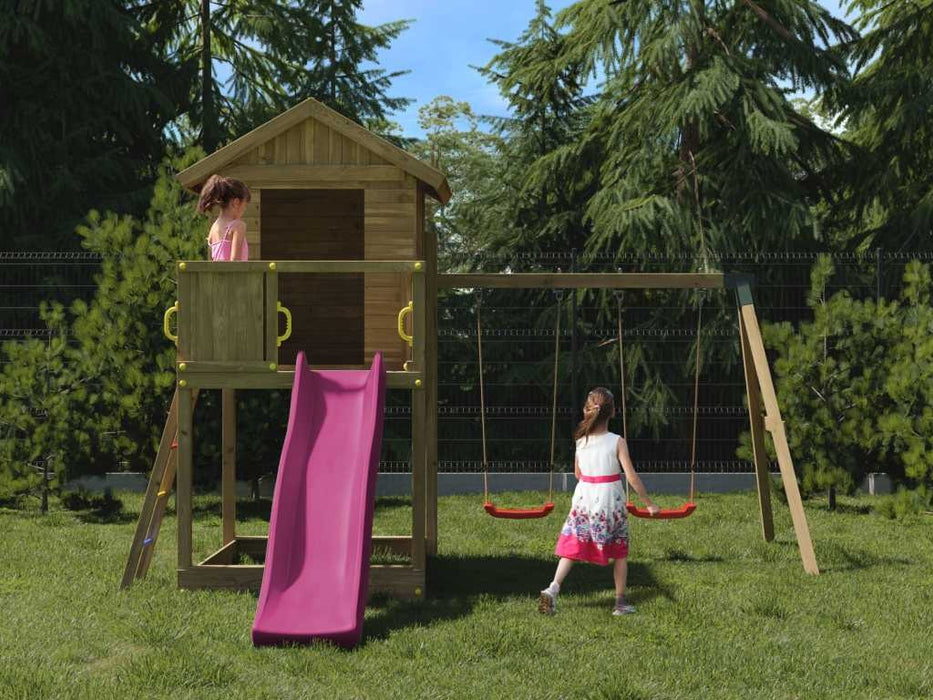 Torre da gioco 'UNIVERSE S' incl. doppia altalena e scivolo rosa, 400x489x280 cm (LxPxA)