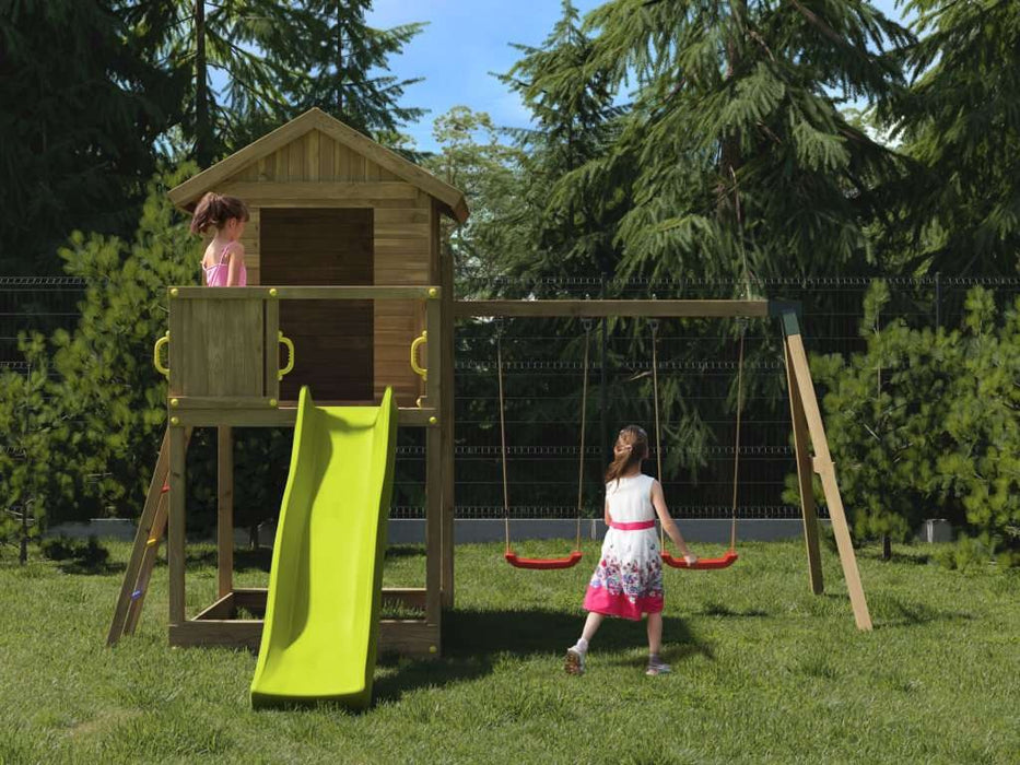 Torre da gioco 'UNIVERSE S' incl. doppia altalena e scivolo giallo, 400x489x280 cm (LxPxA)