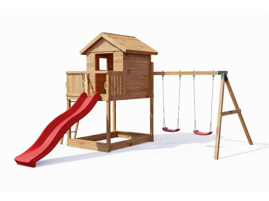 Spielturm 'UNIVERSE S' teakfarben inkl. Doppelschaukel & Rutsche Rot, 400x489x280cm (BxTxH)