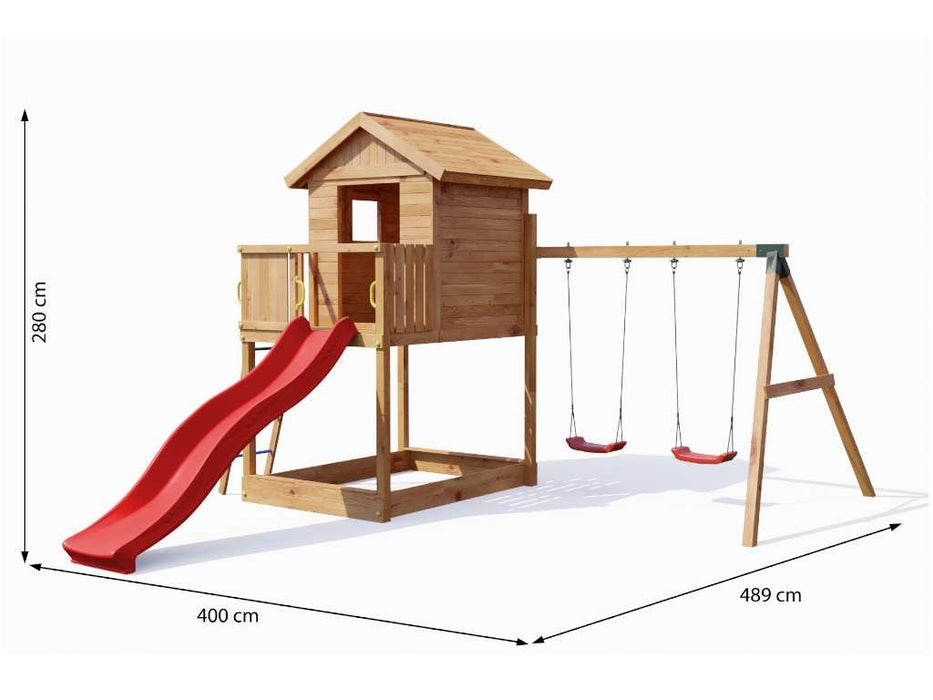 Spielturm 'UNIVERSE S' teakfarben inkl. Doppelschaukel & Rutsche Rot, 400x489x280cm (BxTxH)