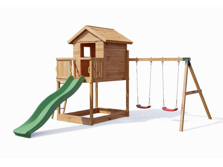 Spielturm 'UNIVERSE S' teakfarben  inkl. Doppelschaukel & Rutsche Grün, 400x489x280cm (BxTxH)
