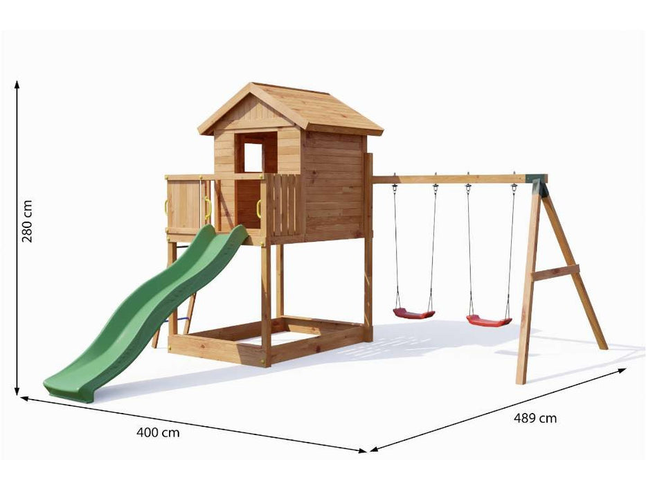 Spielturm 'UNIVERSE S' teakfarben  inkl. Doppelschaukel & Rutsche Grün, 400x489x280cm (BxTxH)