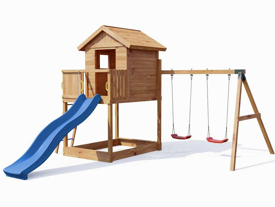 Spielturm 'UNIVERSE S' teakfarben  inkl. Doppelschaukel & Rutsche Blau, 400x489x280cm (BxTxH)