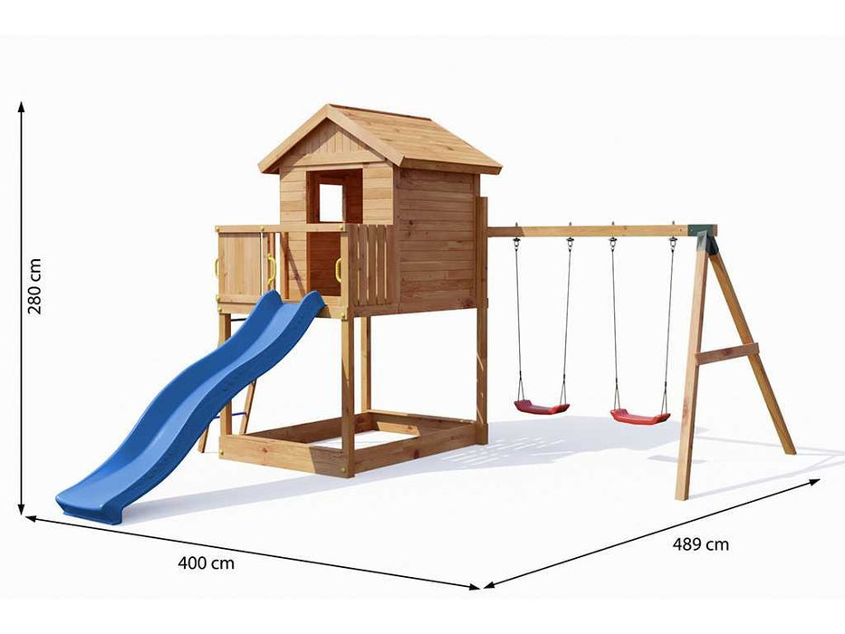 Spielturm 'UNIVERSE S' teakfarben  inkl. Doppelschaukel & Rutsche Blau, 400x489x280cm (BxTxH)
