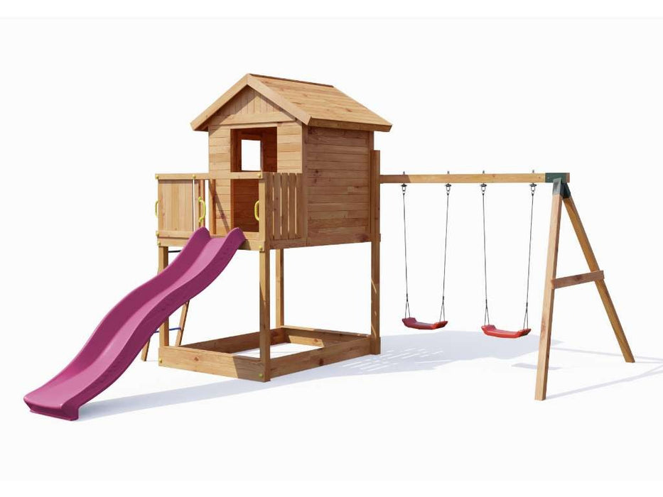 Tour de jeu 'UNIVERS S' incl. balançoire double couleur teck et toboggan rose, 400x489x280cm (LxPxH)