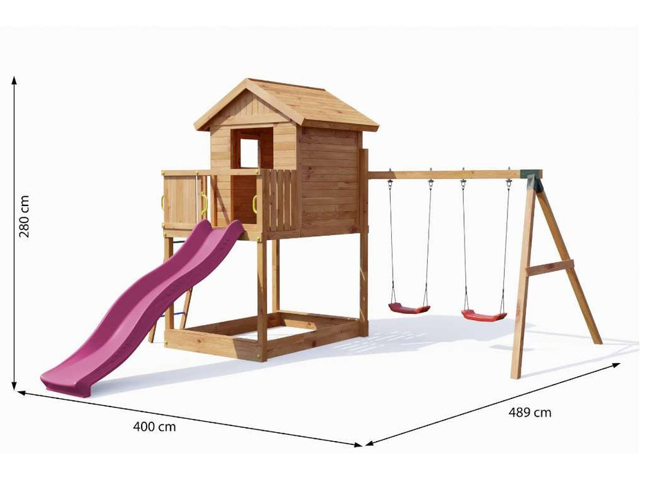 Tour de jeu 'UNIVERS S' incl. balançoire double couleur teck et toboggan rose, 400x489x280cm (LxPxH)