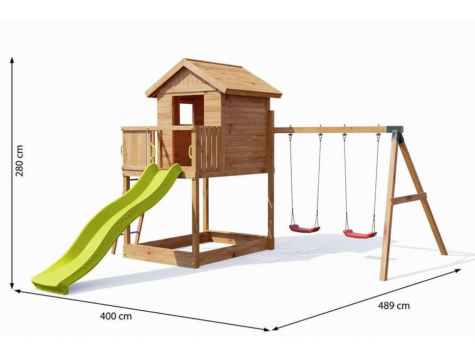 Tour de jeu 'UNIVERS S' couleur teck incl. balançoire et toboggan double jaune, 400x489x280cm (LxPxH)