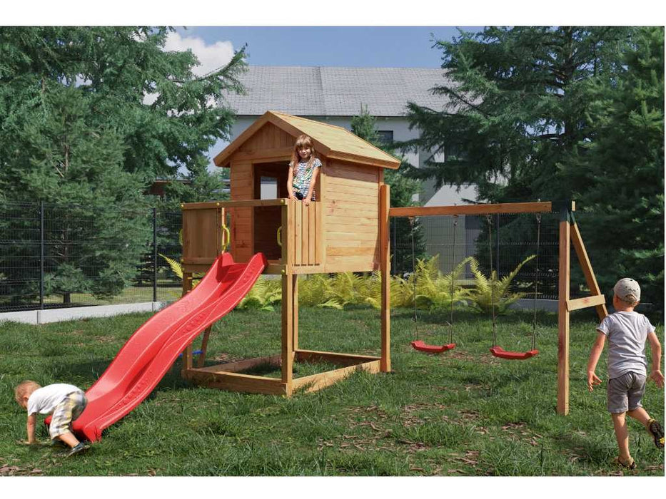 Spielturm 'UNIVERSE S' teakfarben inkl. Doppelschaukel & Rutsche Rot, 400x489x280cm (BxTxH)