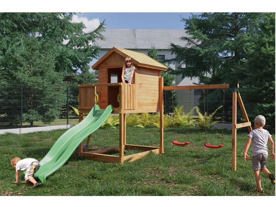 Spielturm 'UNIVERSE S' teakfarben  inkl. Doppelschaukel & Rutsche Grün, 400x489x280cm (BxTxH)