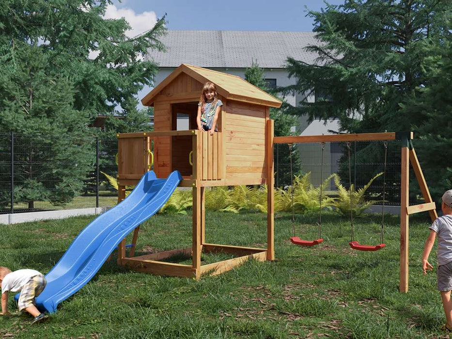 Spielturm 'UNIVERSE S' teakfarben  inkl. Doppelschaukel & Rutsche Blau, 400x489x280cm (BxTxH)
