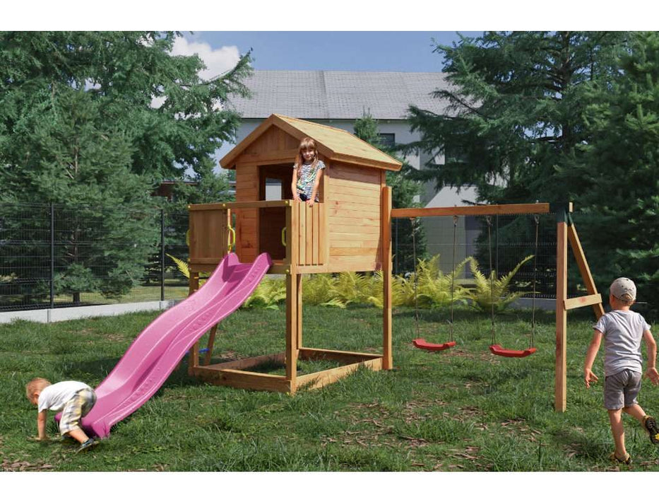 Tour de jeu 'UNIVERS S' incl. balançoire double couleur teck et toboggan rose, 400x489x280cm (LxPxH)
