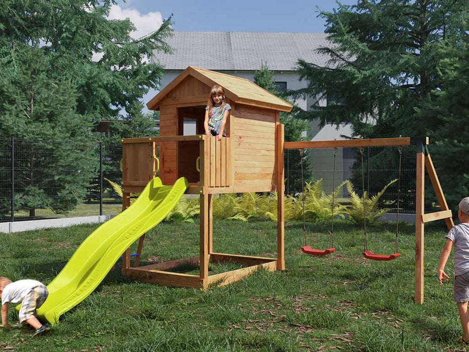 Tour de jeu 'UNIVERS S' couleur teck incl. balançoire et toboggan double jaune, 400x489x280cm (LxPxH)