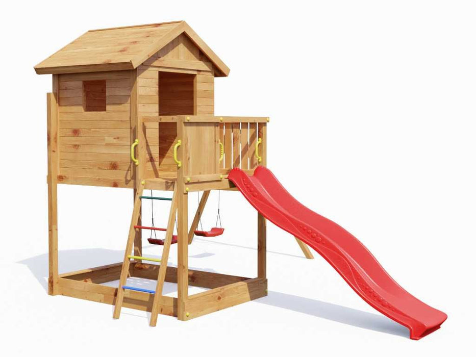 Spielturm 'UNIVERSE S' teakfarben inkl. Doppelschaukel & Rutsche Rot, 400x489x280cm (BxTxH)