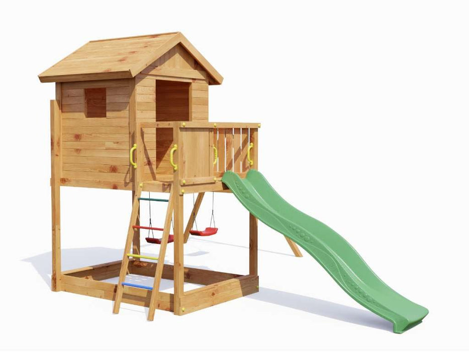 Spielturm 'UNIVERSE S' teakfarben  inkl. Doppelschaukel & Rutsche Grün, 400x489x280cm (BxTxH)