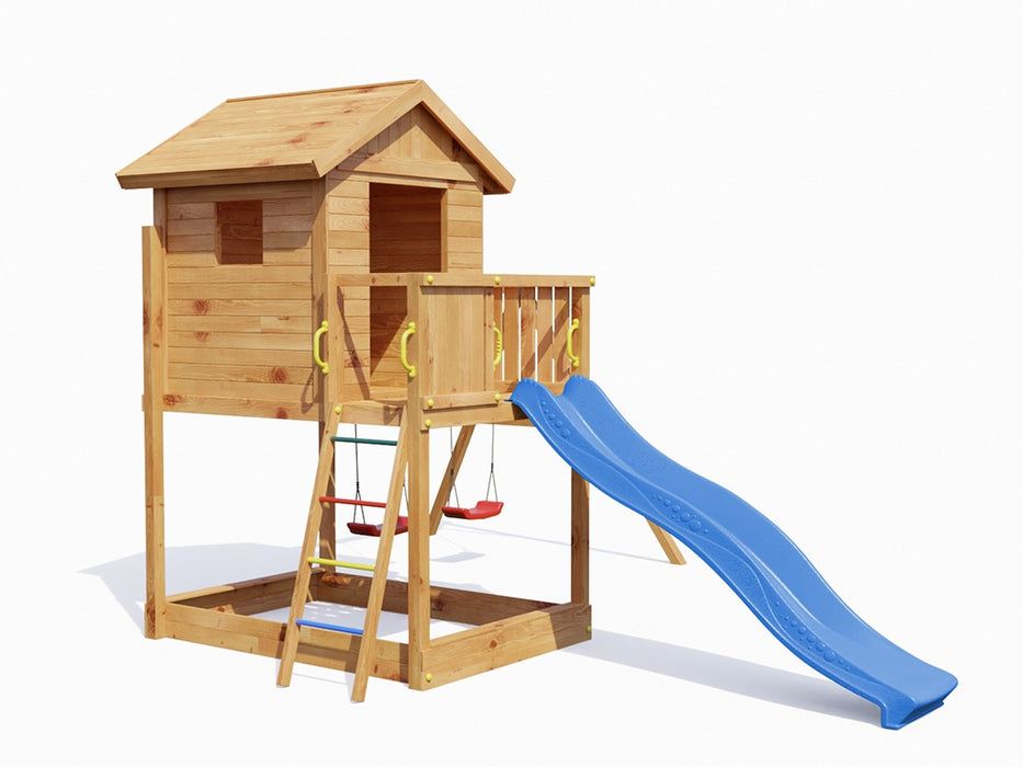 Spielturm 'UNIVERSE S' teakfarben  inkl. Doppelschaukel & Rutsche Blau, 400x489x280cm (BxTxH)