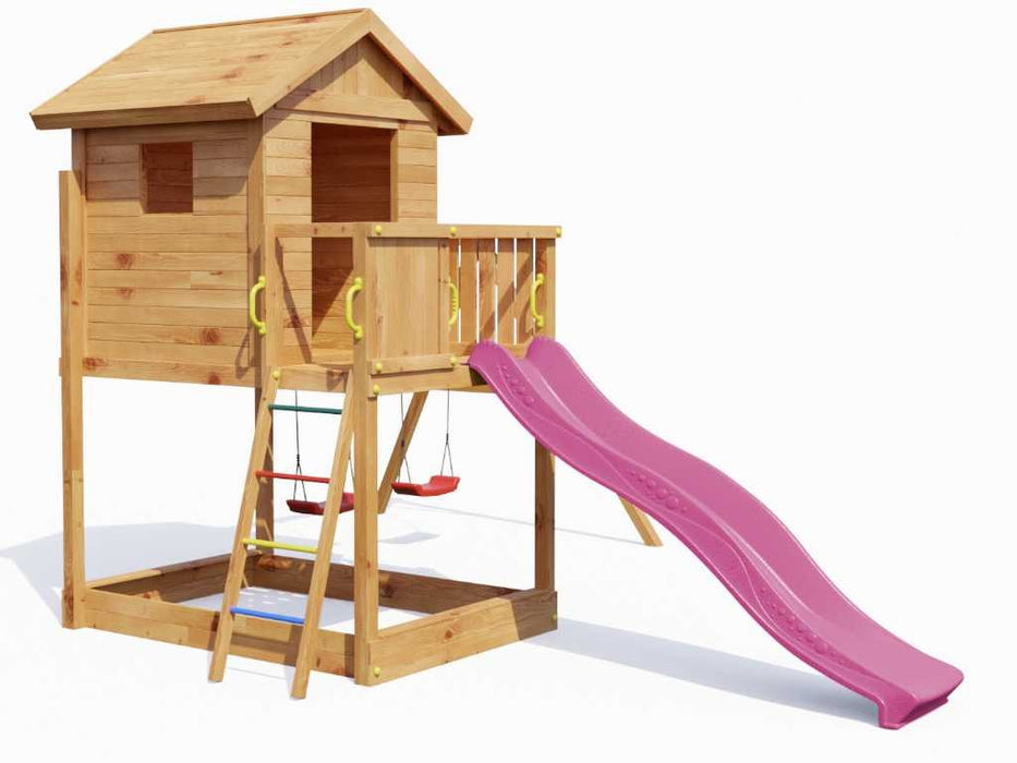Tour de jeu 'UNIVERS S' incl. balançoire double couleur teck et toboggan rose, 400x489x280cm (LxPxH)