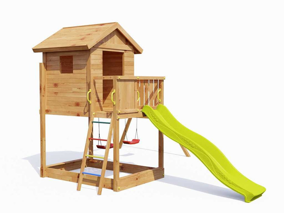 Tour de jeu 'UNIVERS S' couleur teck incl. balançoire et toboggan double jaune, 400x489x280cm (LxPxH)