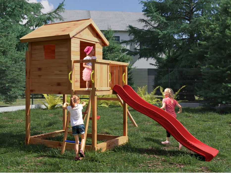 Spielturm 'UNIVERSE S' teakfarben inkl. Doppelschaukel & Rutsche Rot, 400x489x280cm (BxTxH)
