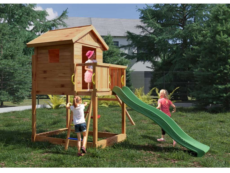 Spielturm 'UNIVERSE S' teakfarben  inkl. Doppelschaukel & Rutsche Grün, 400x489x280cm (BxTxH)