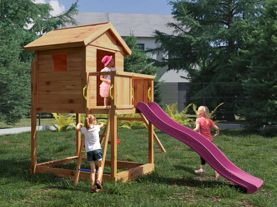 Tour de jeu 'UNIVERS S' incl. balançoire double couleur teck et toboggan rose, 400x489x280cm (LxPxH)