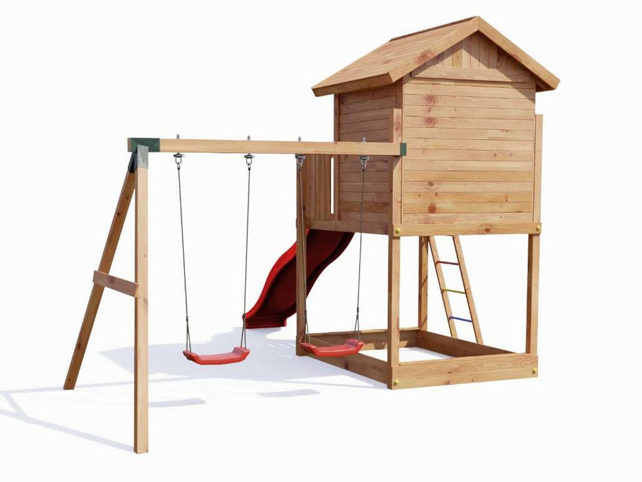 Spielturm 'UNIVERSE S' teakfarben inkl. Doppelschaukel & Rutsche Rot, 400x489x280cm (BxTxH)