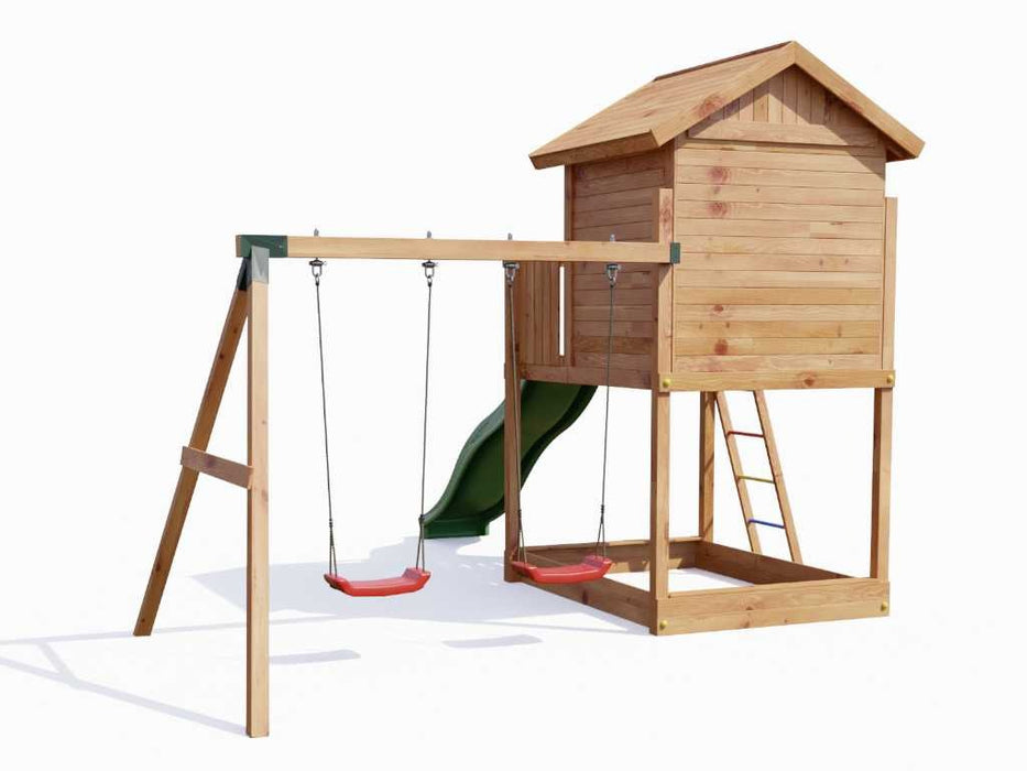 Spielturm 'UNIVERSE S' teakfarben  inkl. Doppelschaukel & Rutsche Grün, 400x489x280cm (BxTxH)