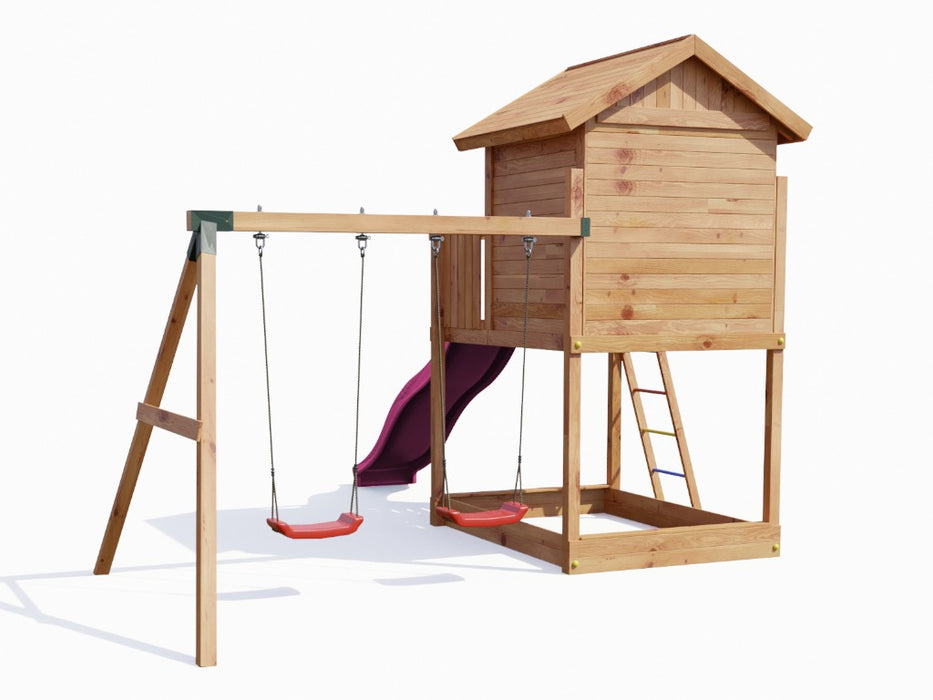 Tour de jeu 'UNIVERS S' incl. balançoire double couleur teck et toboggan rose, 400x489x280cm (LxPxH)