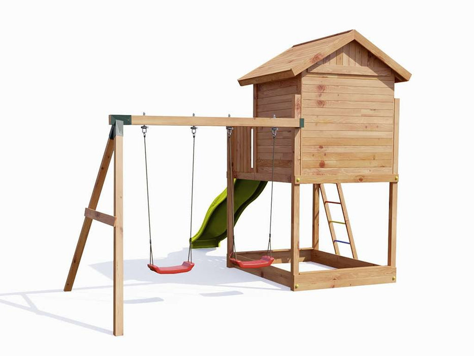 Tour de jeu 'UNIVERS S' couleur teck incl. balançoire et toboggan double jaune, 400x489x280cm (LxPxH)