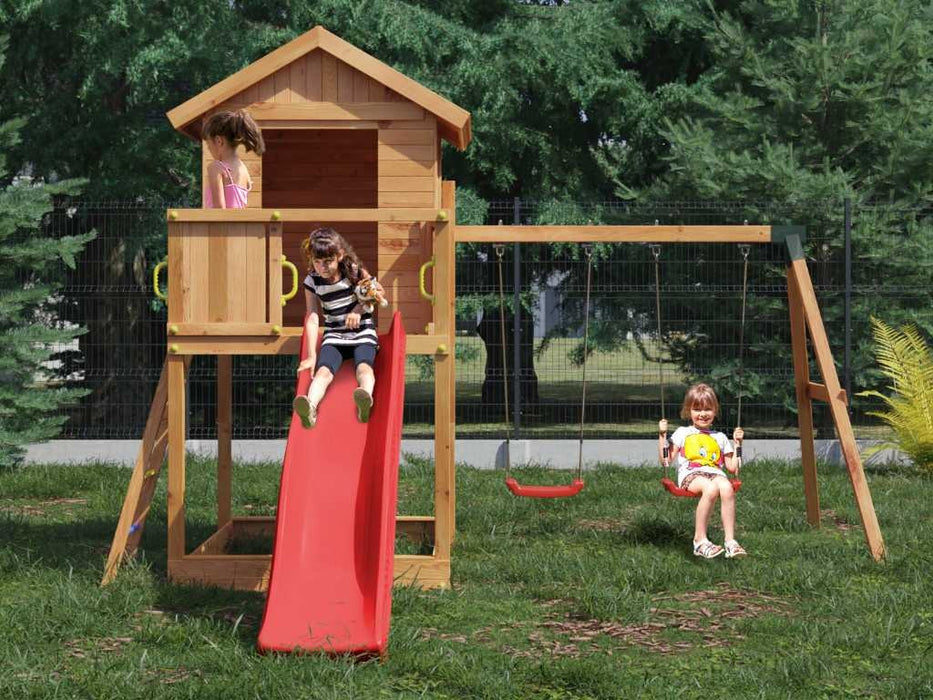 Spielturm 'UNIVERSE S' teakfarben inkl. Doppelschaukel & Rutsche Rot, 400x489x280cm (BxTxH)