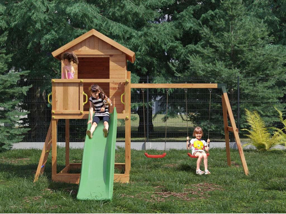 Spielturm 'UNIVERSE S' teakfarben  inkl. Doppelschaukel & Rutsche Grün, 400x489x280cm (BxTxH)