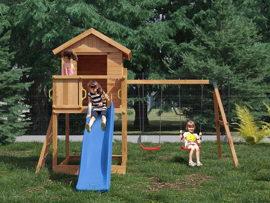 Spielturm 'UNIVERSE S' teakfarben  inkl. Doppelschaukel & Rutsche Blau, 400x489x280cm (BxTxH)