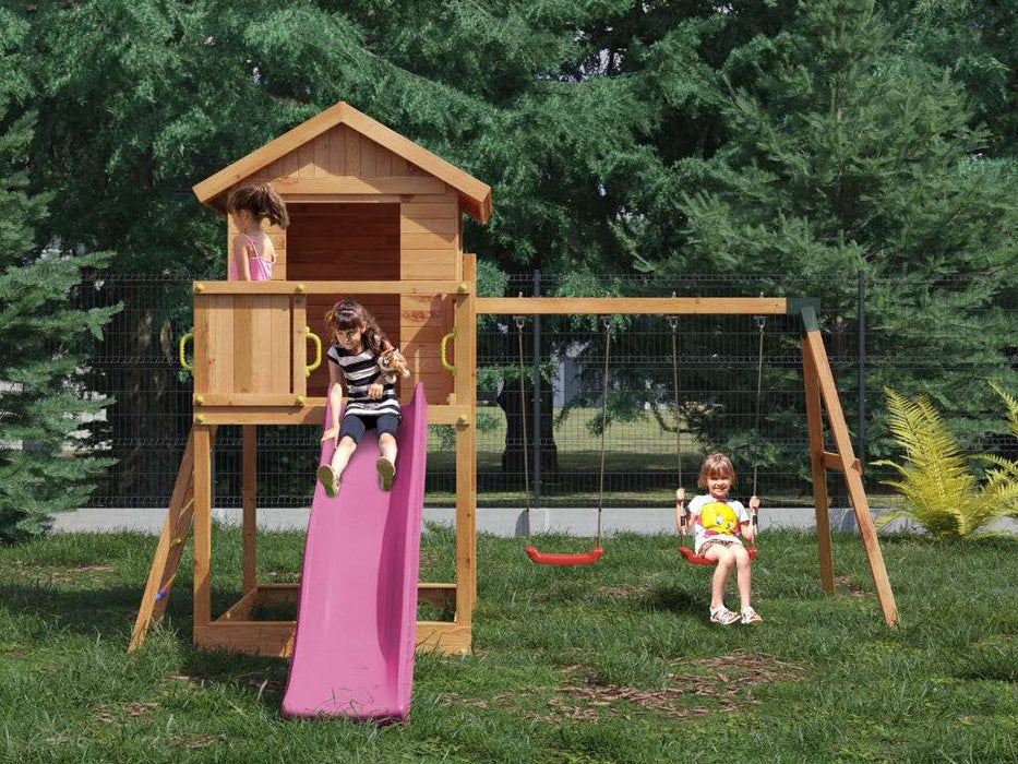 Tour de jeu 'UNIVERS S' incl. balançoire double couleur teck et toboggan rose, 400x489x280cm (LxPxH)