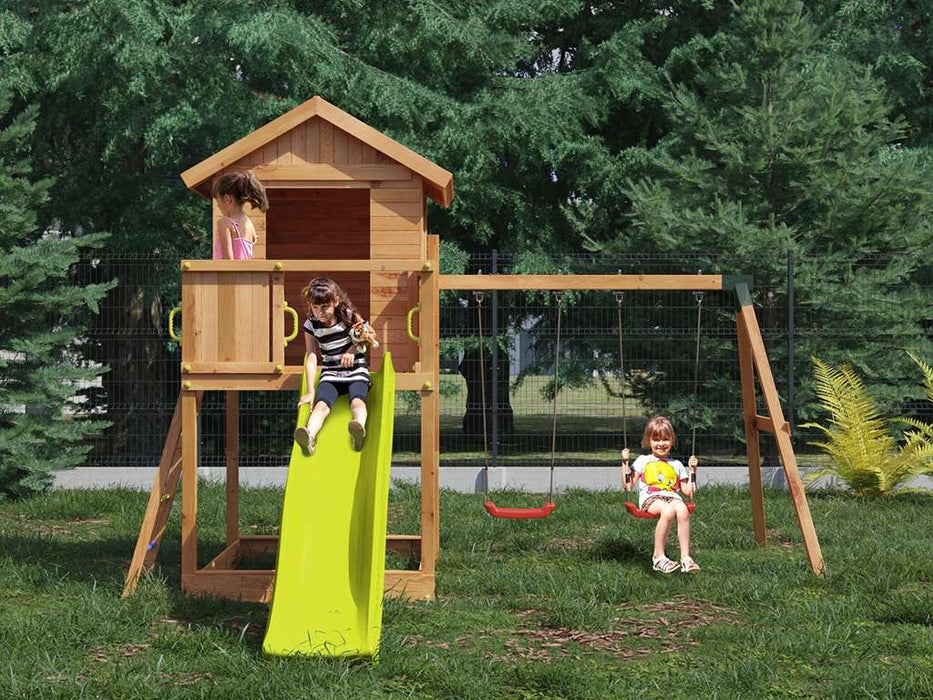 Tour de jeu 'UNIVERS S' couleur teck incl. balançoire et toboggan double jaune, 400x489x280cm (LxPxH)