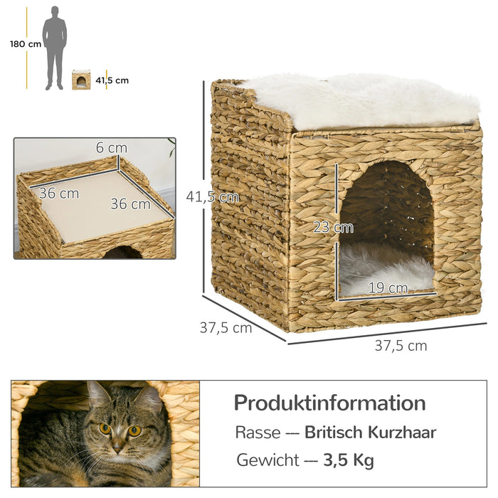 Cat Cave en herbe de jacinthe d'eau, 2 surface couchée, 2 oreillers lavables, nature + blanc