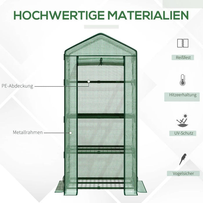 Mini-Gewächshaus Anzuchtgewächshaus mit Folienabdeckung und 4 Regalböden Regale Rolltür Gemüsebeet Grün 69x49x158cm