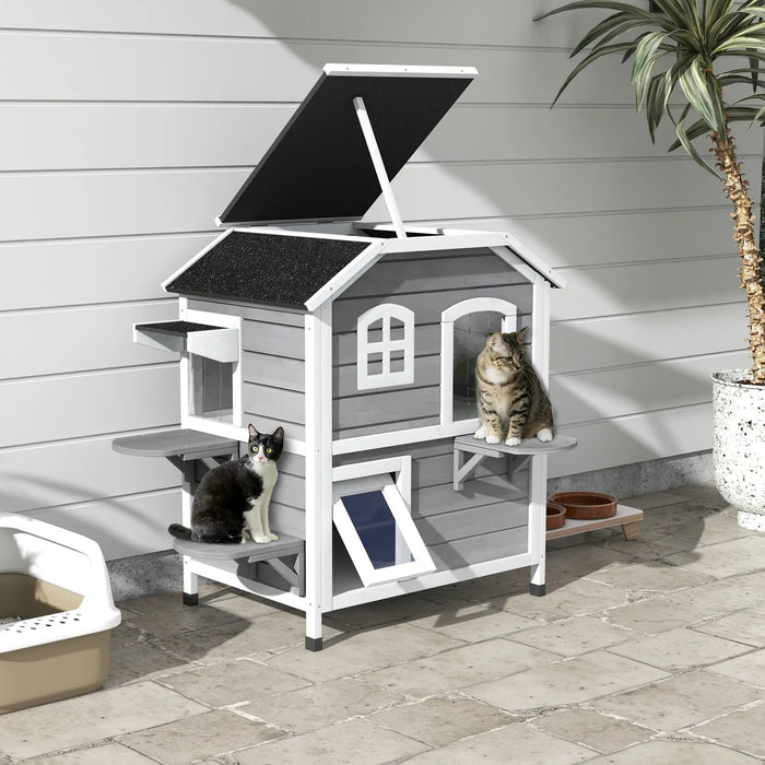 Cat house with asphalt roof, stairs, 2-floors, waterproof, garden, gray, 78x55.5x91cm