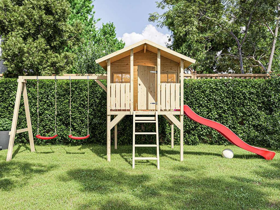 Playhouse with Slide, Game Tower, Stelzenhaus 'Spider', y compris le double swing, 410.5x198x282cm (bxtxh)