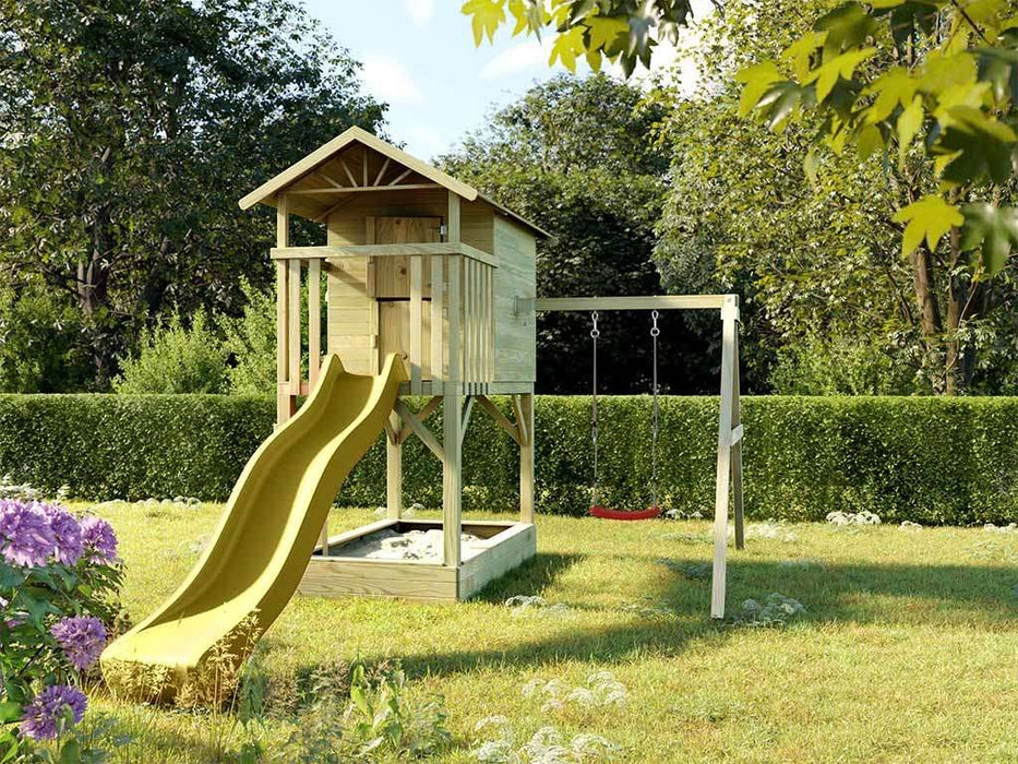 Playhouse, game tower, stelzenhaus 'Tree' with sandpit, single swing and slide yellow, 316x237x298cm (BXTXH)