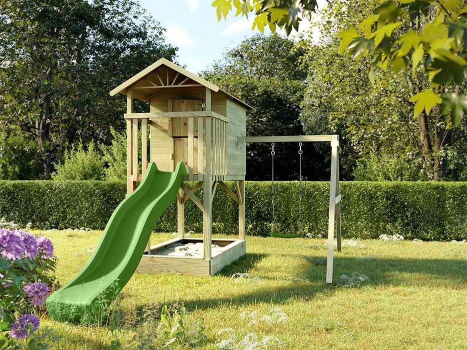 Palafitta 'TREE' con sabbiera, altalena singola e scivolo verde, 316x237x298 cm (LxPxA)