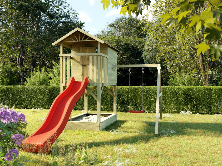 Palafitta 'TREE' con sabbiera, altalena singola e scivolo rossa, 316x237x298 cm (LxPxA)