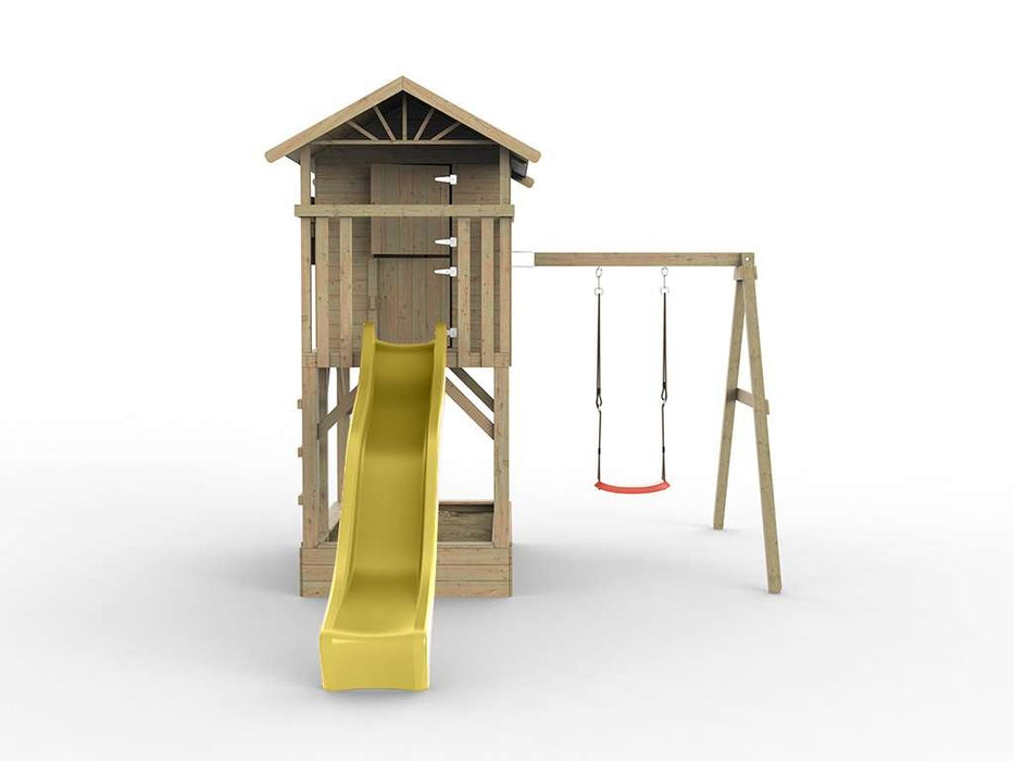 Playhouse, game tower, stelzenhaus 'Tree' with sandpit, single swing and slide yellow, 316x237x298cm (BXTXH)