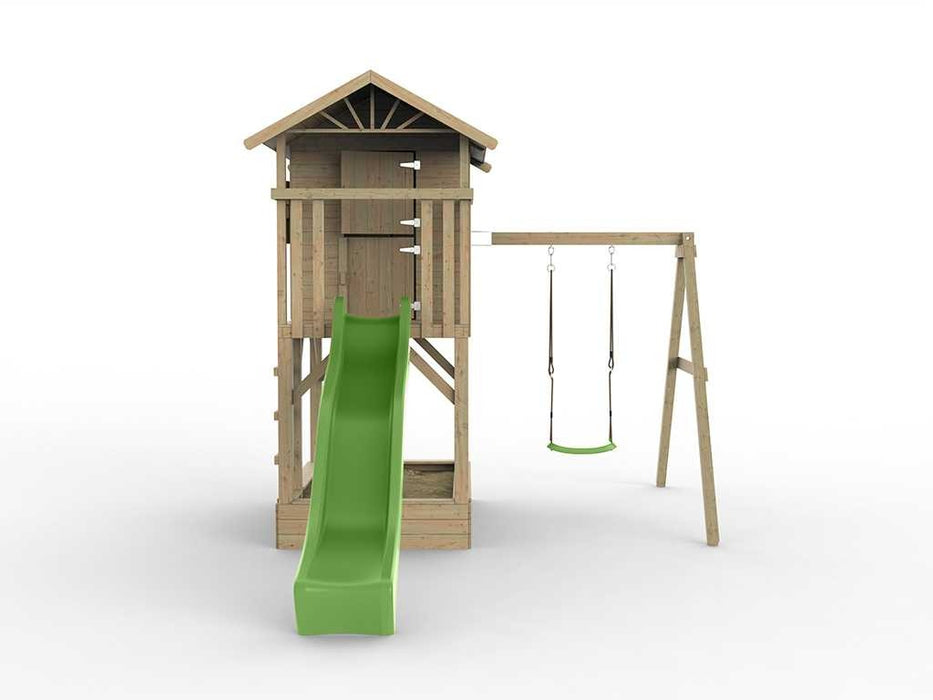 Palafitta 'TREE' con sabbiera, altalena singola e scivolo verde, 316x237x298 cm (LxPxA)